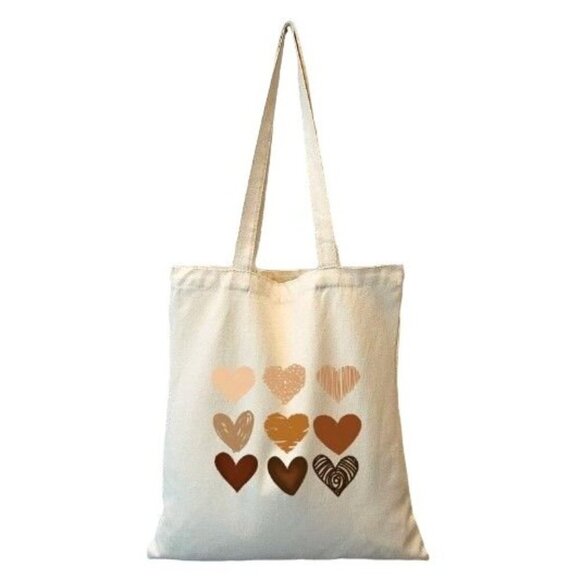 Brown Hearts Canvas Shopper Tote Bag Reusable - Picture 1 of 2